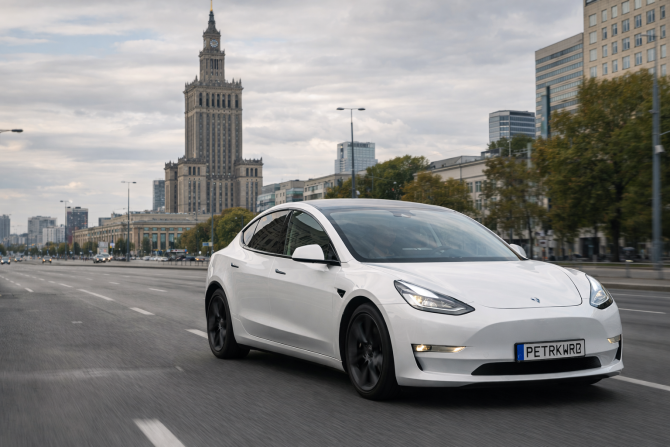 O Tesla albă circulă pe o stradă din oraș, simbol al mobilității urbane moderne.