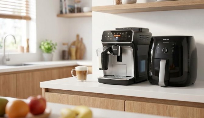 Electrocasnice Philips, espressor LatteGo și friteuză Ovi &icirc;ntr-o bucătărie modernă