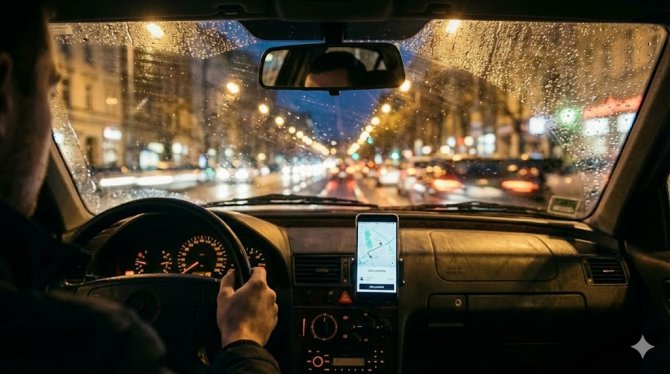 Vedere din locul șoferului Uber în timpul unei curse de noapte pe ploaie. Un smartphone cu navigație pentru cursa gratuită este fixat în suport