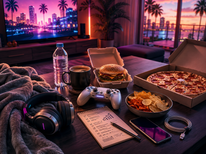 Gustări, apă și un controller pregătite pentru un weekend de gaming