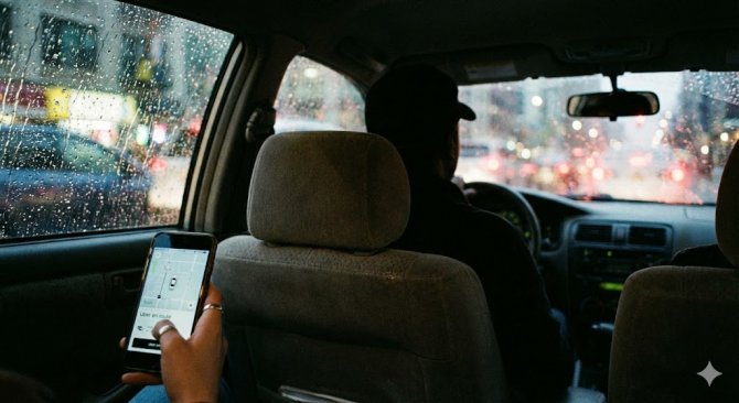 Un pasager ține în mână un telefon cu aplicația Uber și un cod de reducere în timpul unei curse pe bancheta din spate