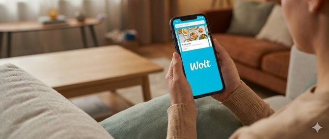 Prim-plan cu mâini ținând un smartphone cu aplicația Wolt deschisă pentru comandarea ușoară a mâncării online.