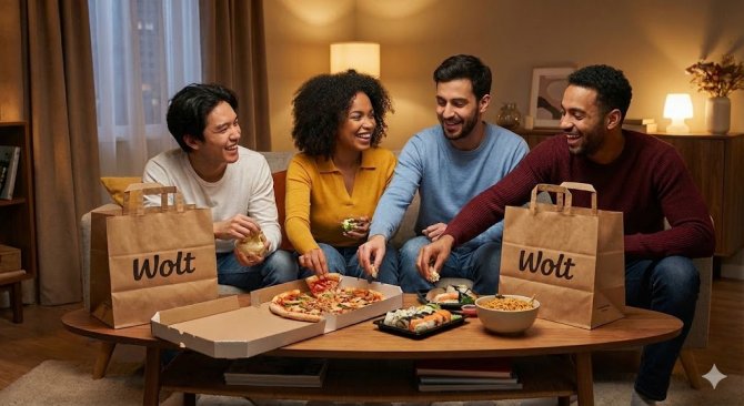 Grup de patru prieteni în sufragerie care împart o masă diversă, inclusiv pizza și sushi, livrată în pungi de hârtie Wolt.