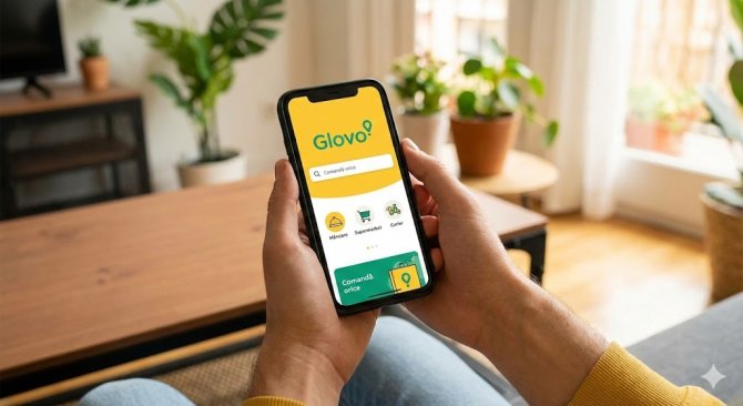 Prim-plan cu m&acirc;ini țin&acirc;nd un telefon mobil cu aplicația Glovo deschisă pentru comenzi rapide online.