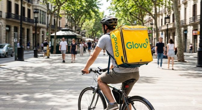 Curier Glovo cu rucsac galben termoizolant livr&acirc;nd o comandă rapidă cu bicicleta &icirc;n oraș.